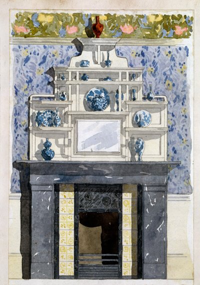 Fireplace with mirror and display shelves in the Aesthetic style by Thomas Jeckyll